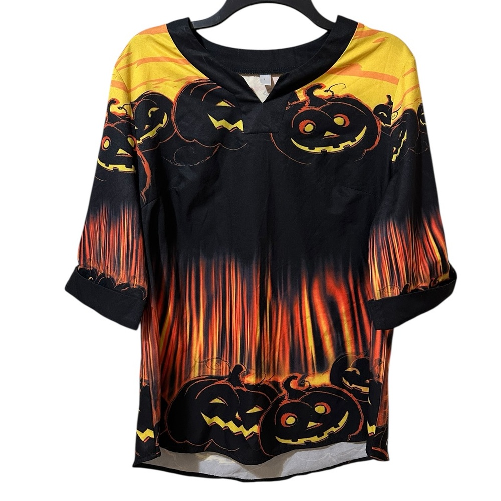 Halloween jack-o-lantern black, orange, yellow tunic shirt size Large